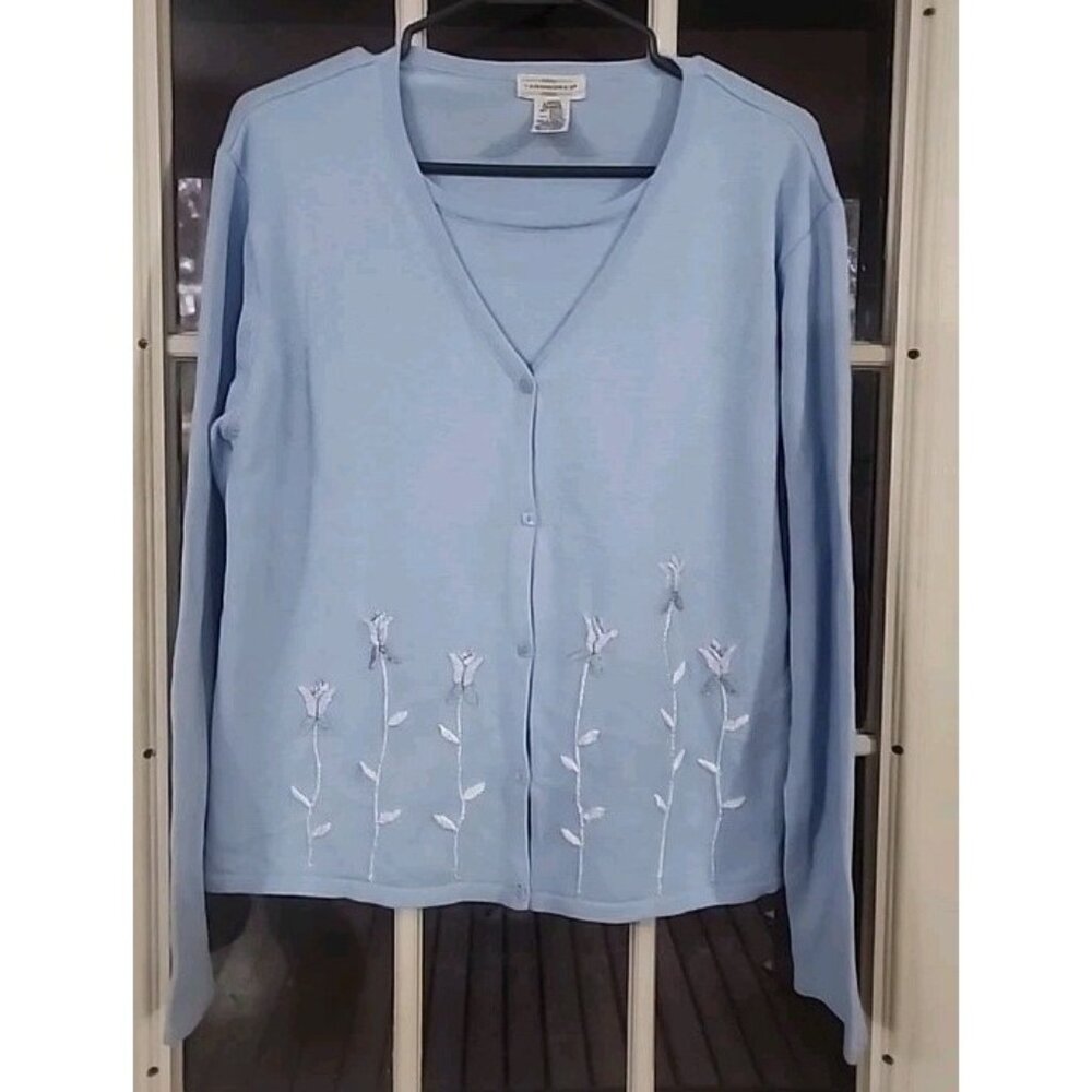 VTG Yarnworks Womens Embroidered Floral Cardigan Sweater Sz L pullover blue‎